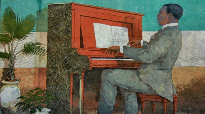 Illustration of Scott Joplin sitting at a piano