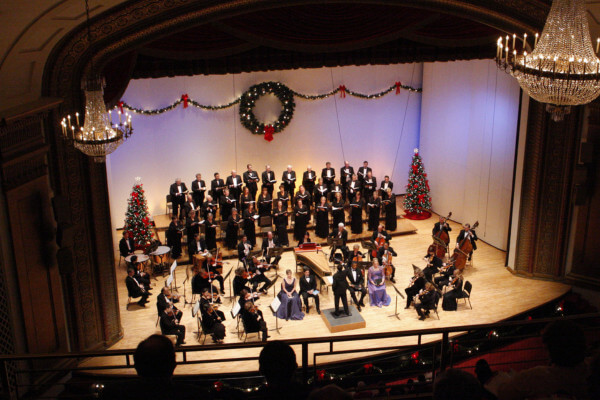 holiday decorations in chenery auditorium with the symphony